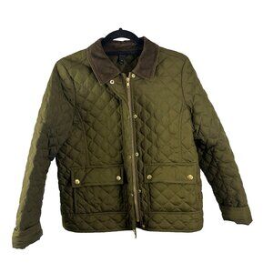 J. Crew Dark Green Quilted Jacket w/ Brown Corduroy Collar Women's Size M